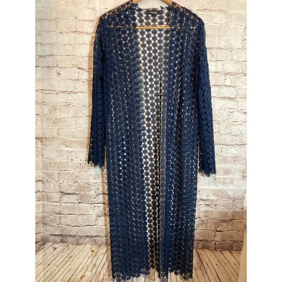 Young at Heart L.A. Top Women Small Navy All Over Crochet Long Length Open Front - Picture 1 of 13